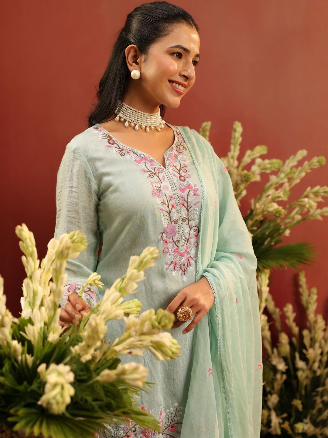 Dhiyona SC Women Embroidered Sea Green Mul Chanderi Embroidered Sharara Set