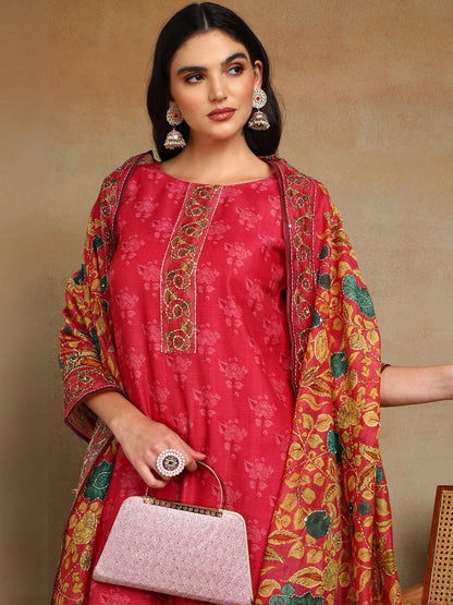 Women Ethnic Motifs Regular Sequinned Chanderi Cotton Kurta with Trousers & With Dupatta