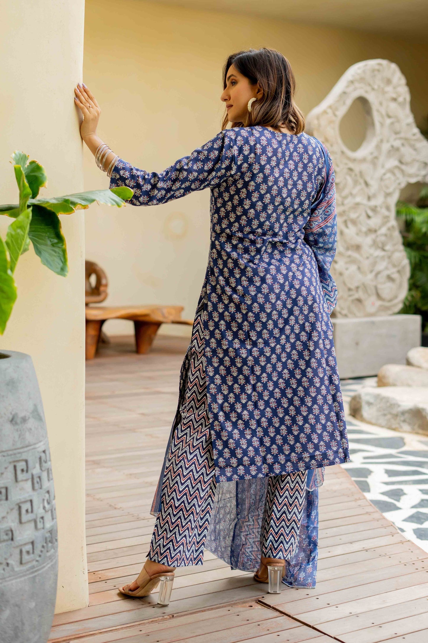 Dhiyona KL Floral Printed Round Neck Mirror Work Pure Cotton Kurta With Trousers & Dupatta