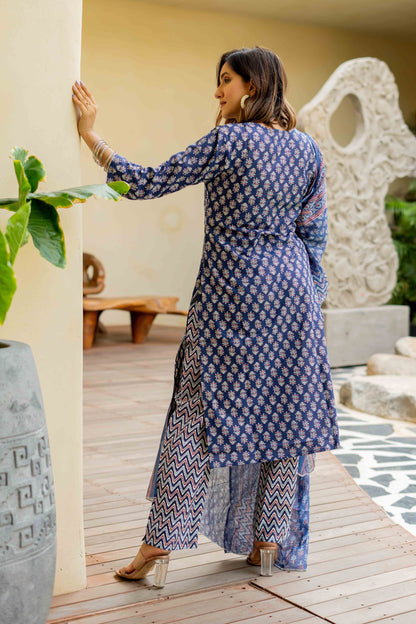 Dhiyona KL Floral Printed Round Neck Mirror Work Pure Cotton Kurta With Trousers & Dupatta