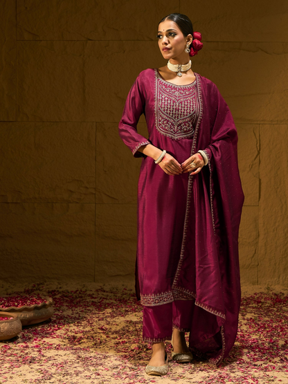 Women's Maroon Embroidered Straight Kurta Trousers With Dupatta set