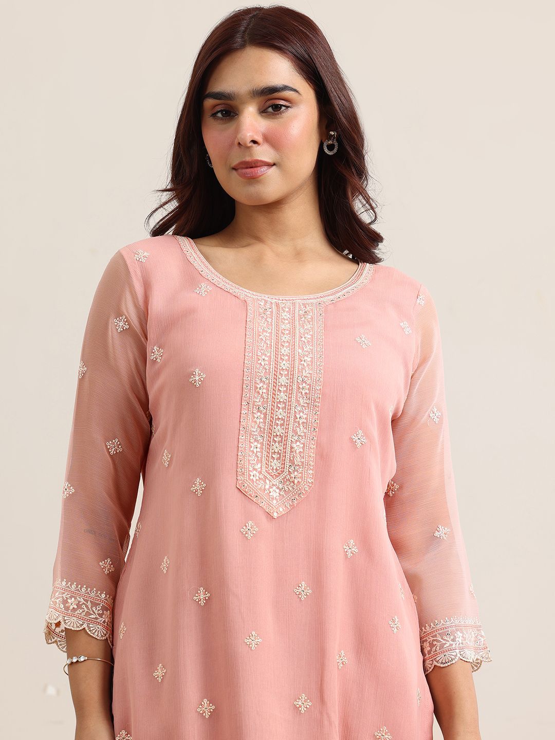 Dhiyona LL Ethnic Motifs Embroidered Round Neck Sequinned Kurta With Palazzos & Dupatta