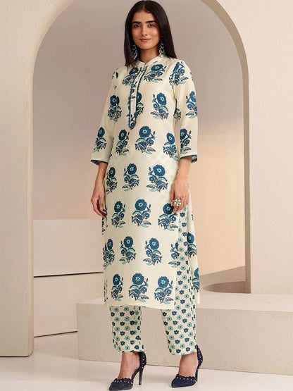 Ivory Floral Printed Straight Cotton Blend Suit Set