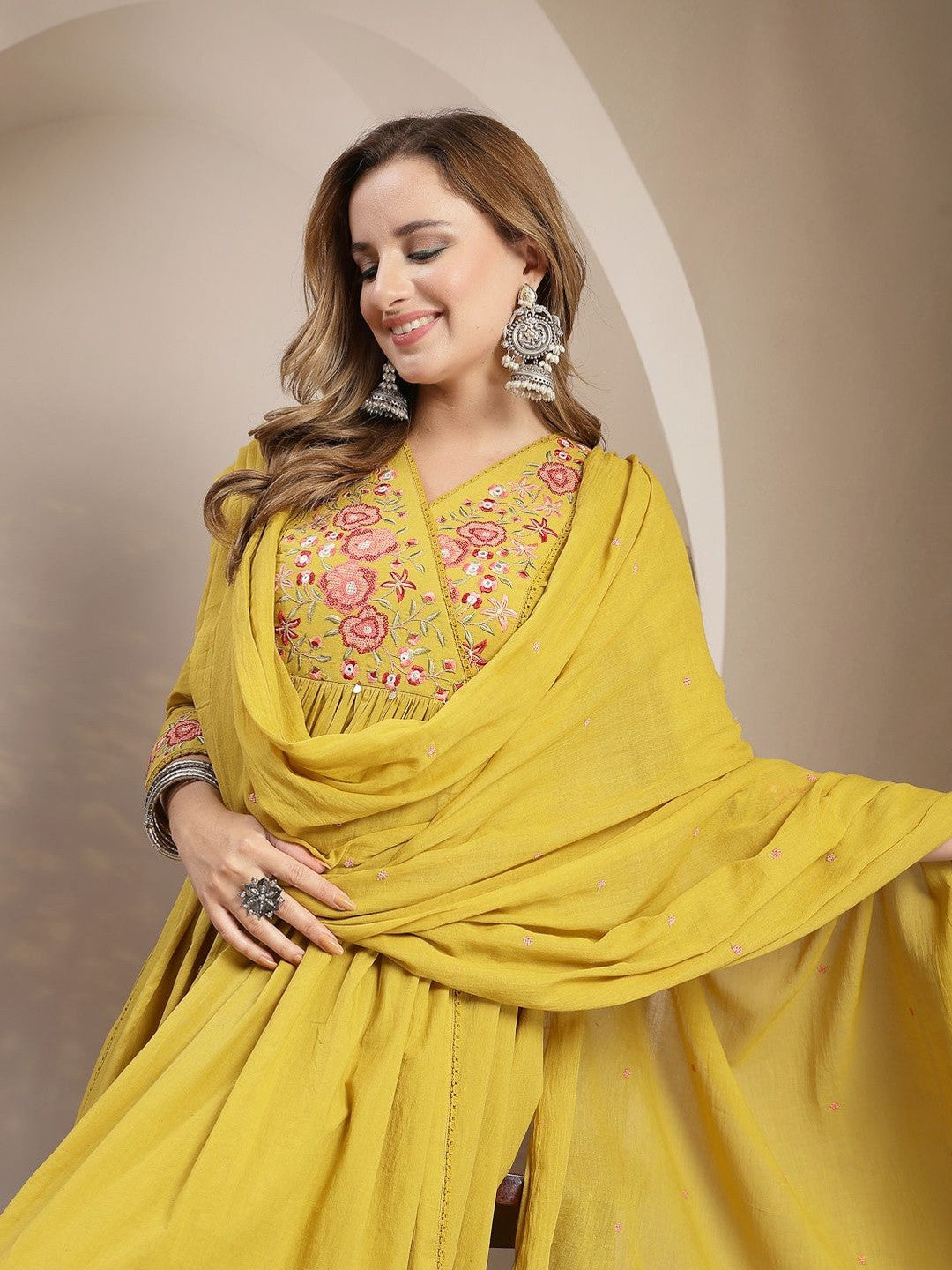 Women Floral Embroidered Angrakha Thread Work Pure Cotton Kurta with Palazzos & With Dupatta