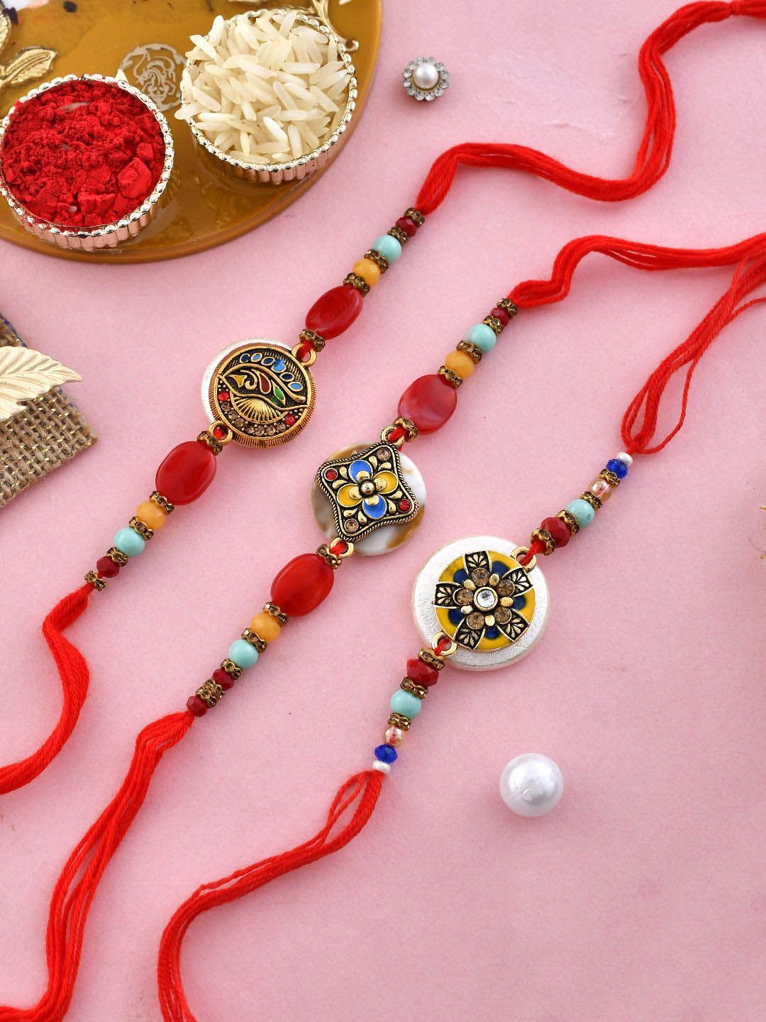 Dhiyona Set Of 3 Red Beaded Rakhi With Roli Rice & Greeting Card