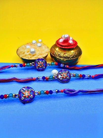 Dhiyona Set Of 3 Beaded Cotton Thread with AD Stones & Meenakari Designer Rakhi for Brother