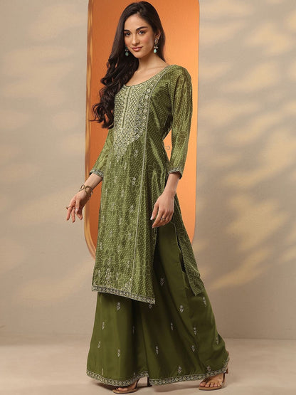 Ethnic Motifs Embroidered Thread Work Kurta With Palazzos & Dupatta