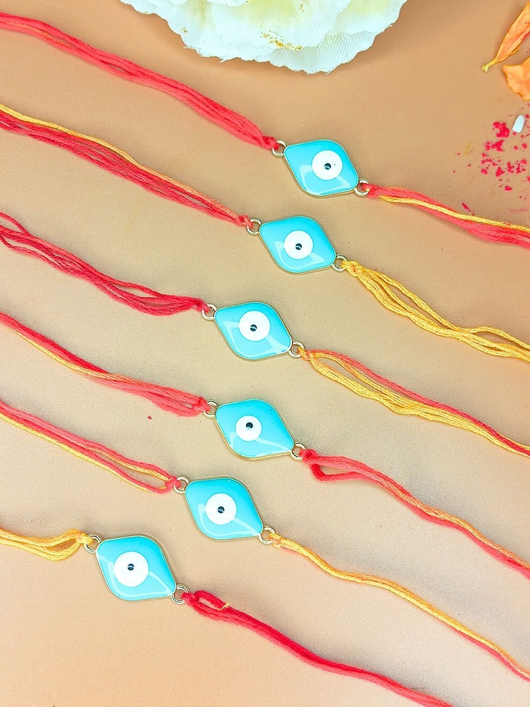 Dhiyona Set Of 6 Evil Eye Thread Rakhis With Card Roli & Chawal