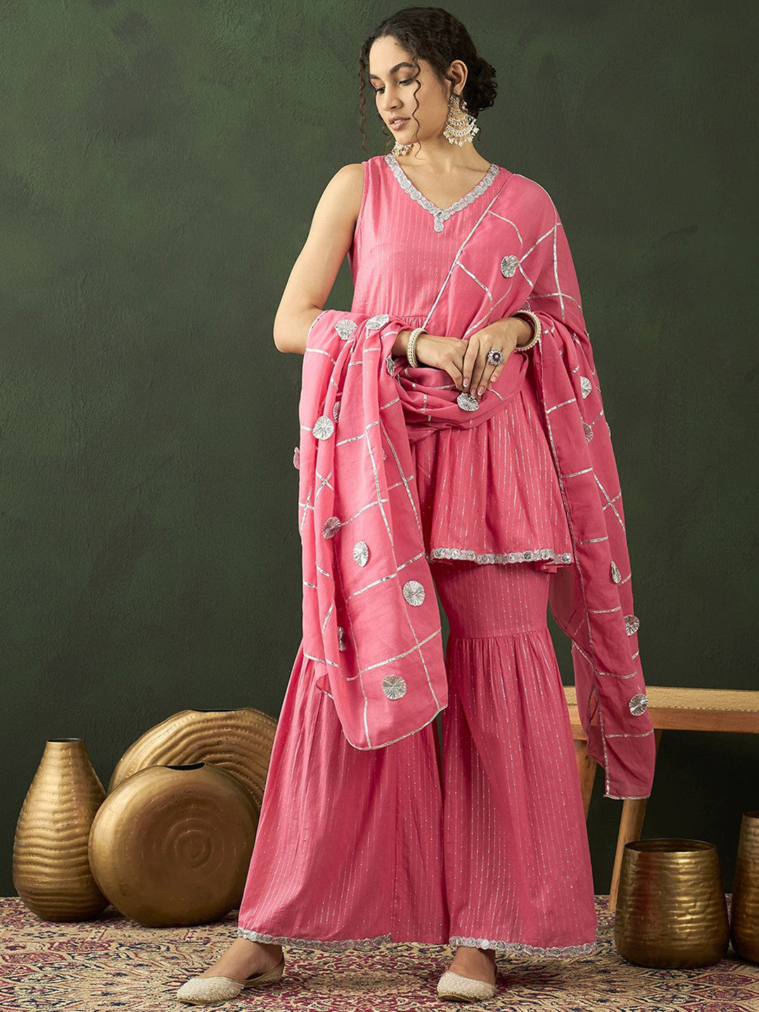 Sequence With Striped Kurta & Sharara With Dupatta
