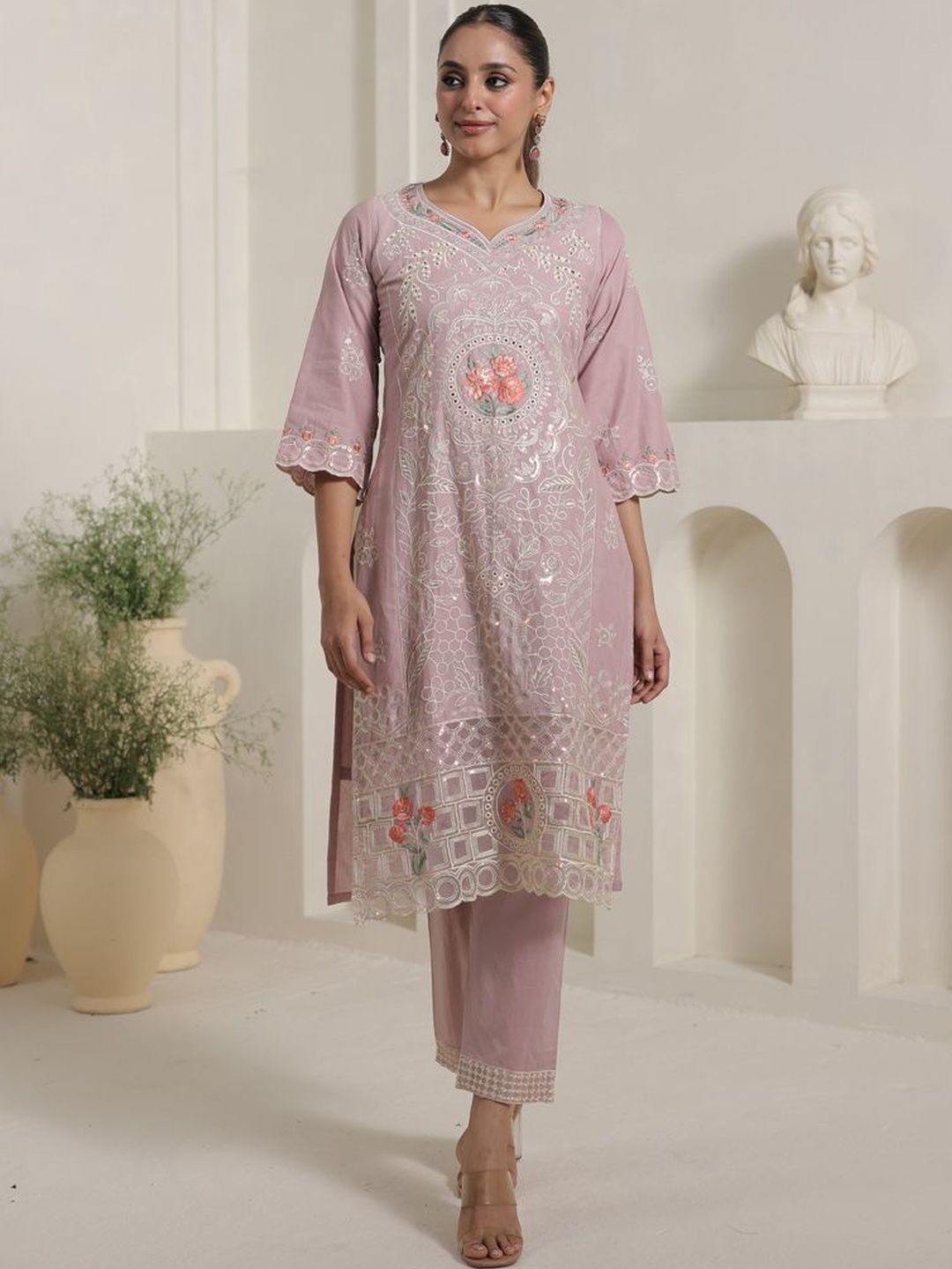 Ethnic Motifs Embroidered Thread Work Pure Cotton Kurta With Trousers & Dupatta