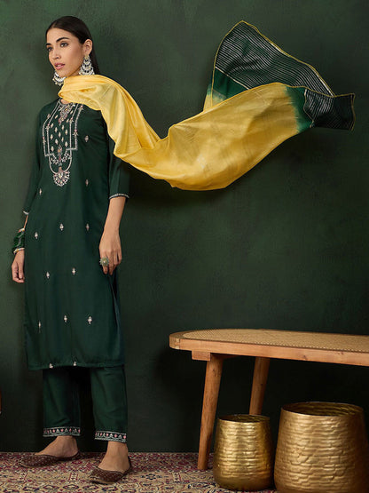 Floral Embroidered Sequinned Straight Kurta With Dupatta
