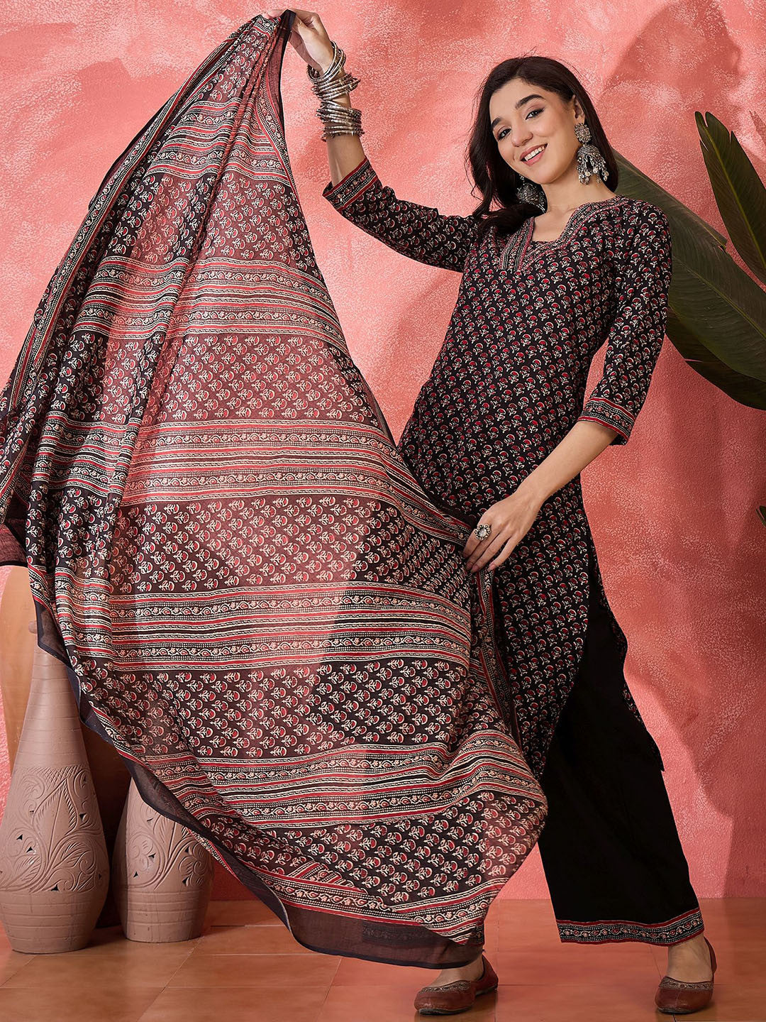 Floral Printed Pure Cotton Straight Kurta & Palazzos With Dupatta