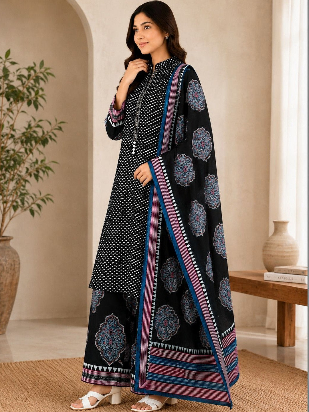 Women Ethnic Motifs Printed Regular Pure Cotton Kurta with Palazzos & With Dupatta