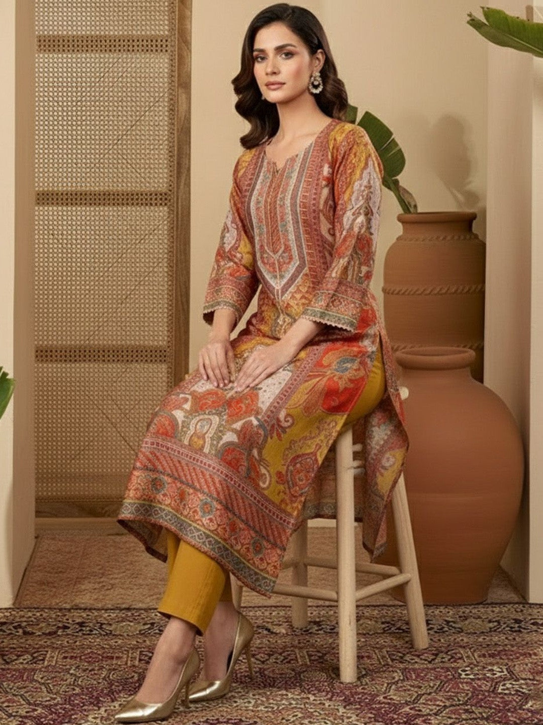 Printed V-Neck Kurta & Trousers