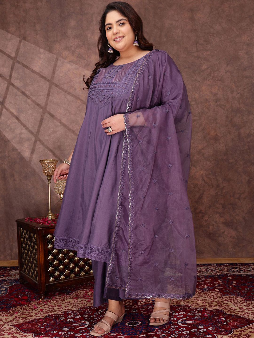 Dhiyona IN Floral Yoke Design Thread Work Anarkali Kurta With Palazzos & With Dupatta