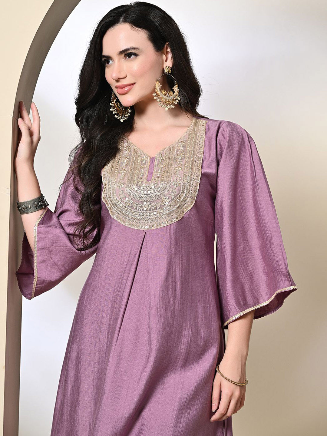 Ethnic MotifsEmbroidered Sequinned A-Line Kurta With Dhoti Pant & Dupatta