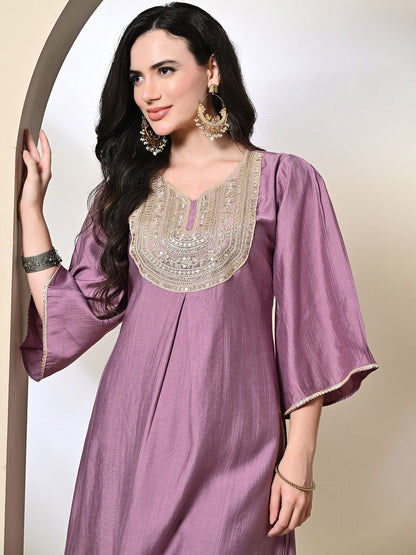 Ethnic MotifsEmbroidered Sequinned A-Line Kurta With Dhoti Pant & Dupatta