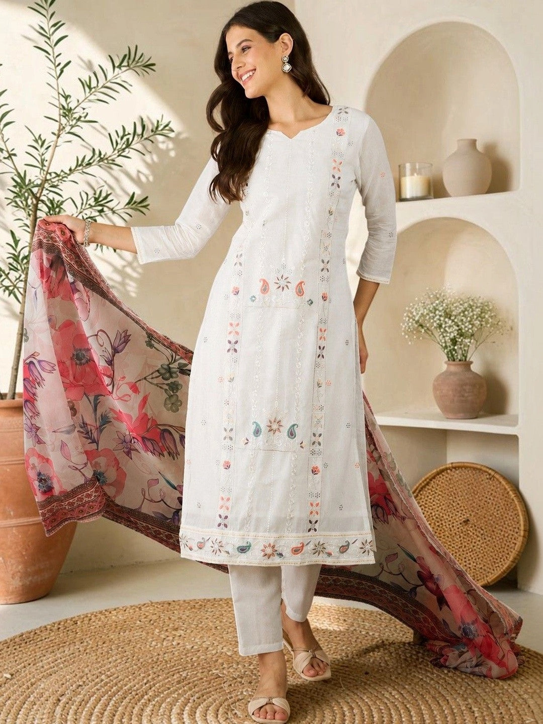 Women Ethnic Motifs Embroidered Regular Thread Work Pure Cotton Kurta with Trousers & With Dupatta
