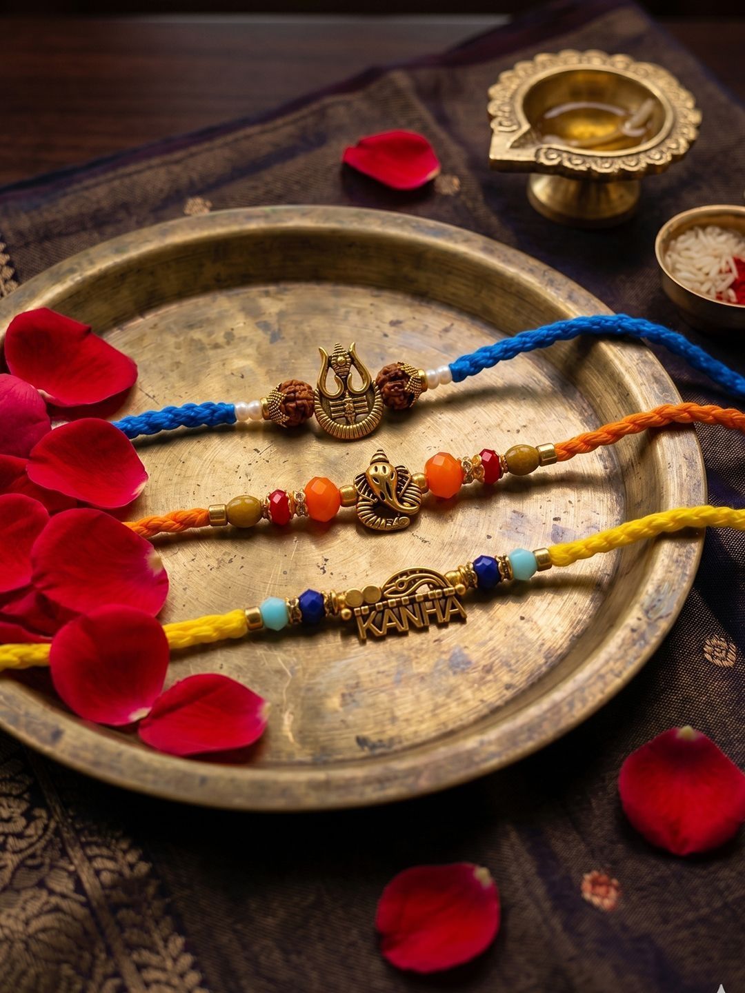 Dhiyona Set Of 3 Rudraksh Religious Rakhi Thread Rakhi Roli Chawal Chandan Mishri