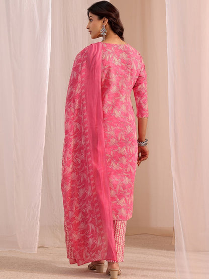 Women Floral Printed Regular Thread Work Kurta with Trousers & With Dupatta