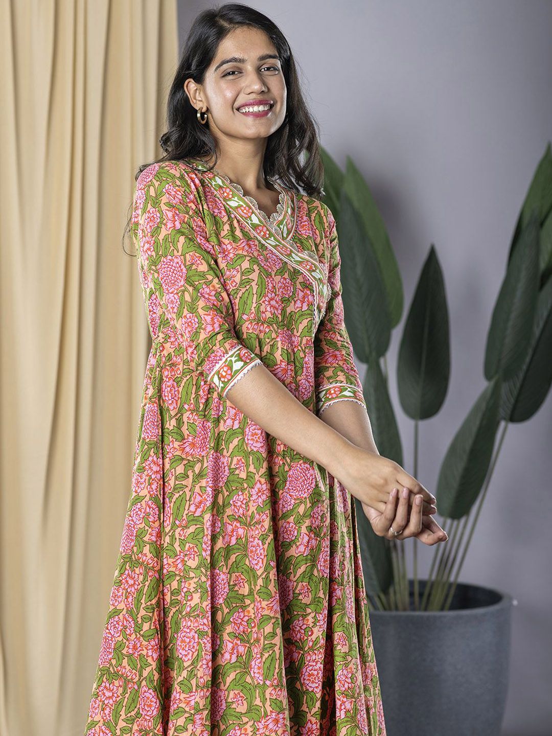 Dhiyona KL Floral Printed V-Neck Gotta Patti Pure Cotton Anarkali Kurta With Trouser & Dupatta