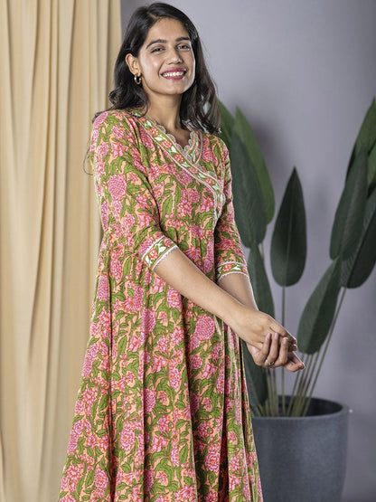 Dhiyona KL Floral Printed V-Neck Gotta Patti Pure Cotton Anarkali Kurta With Trouser & Dupatta