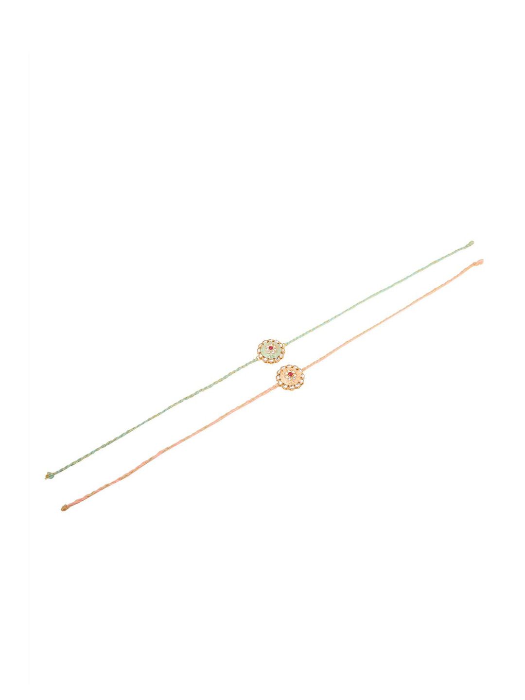 Dhiyona Men Set Of 2 Peach & Green Kundan Studded Round Floral Design Rakhi With Roli Chawal