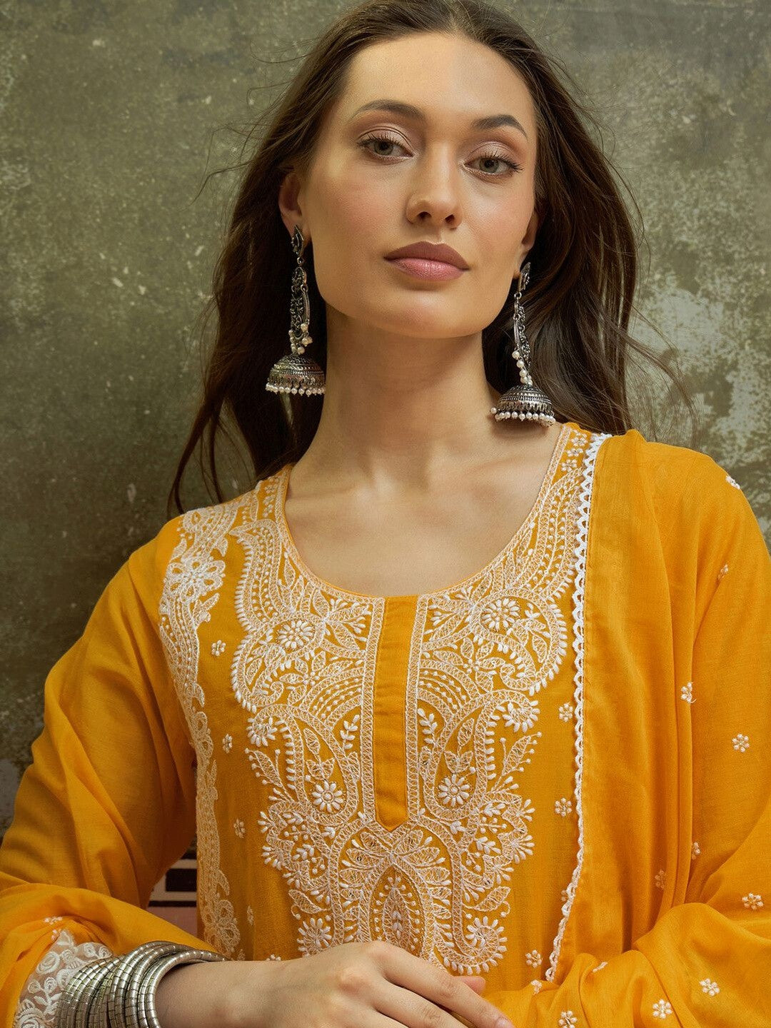 Embroidered Round Neck Kurta & Palazzos With Dupatta