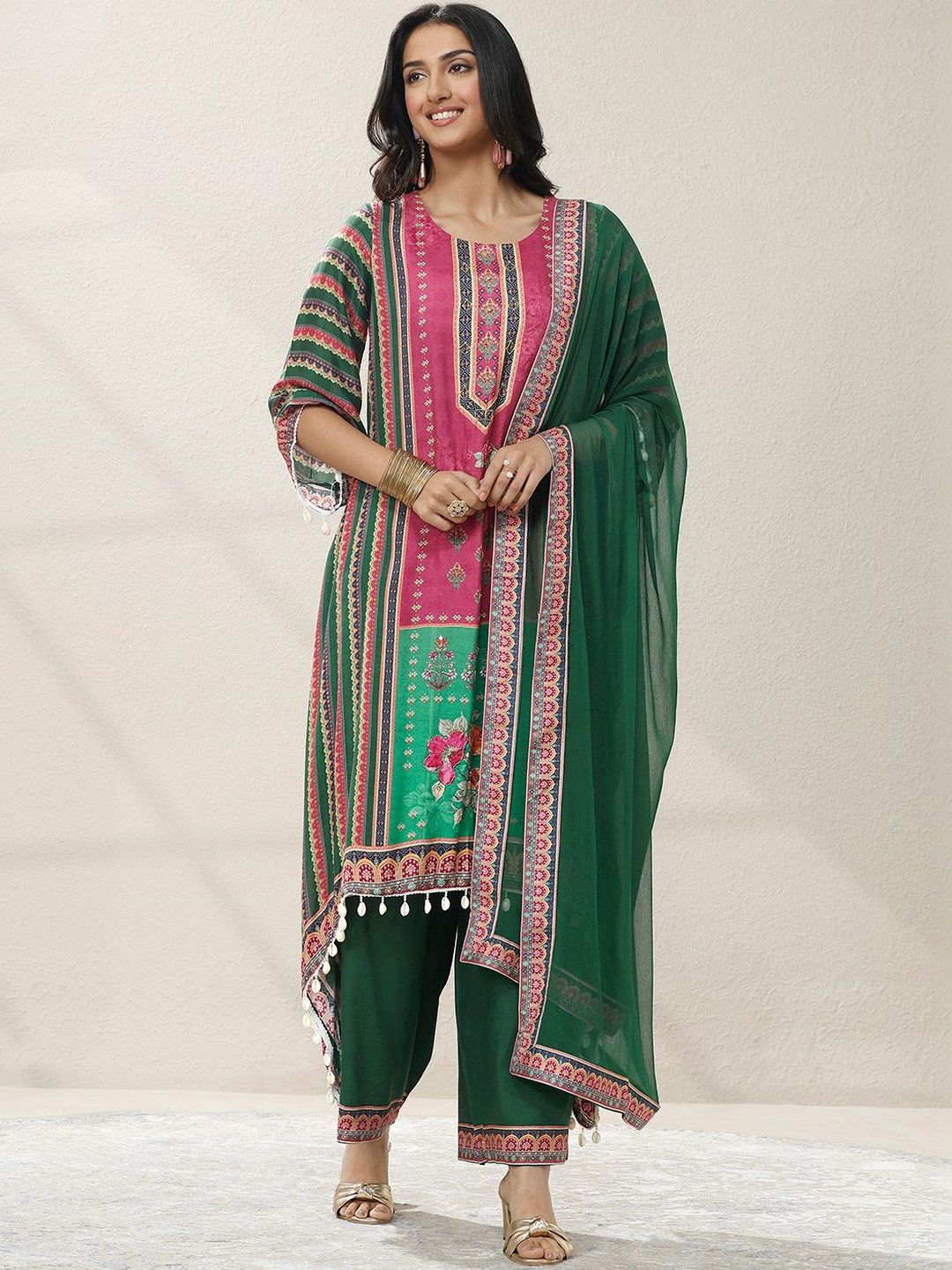 Dhiyona LL Women Ethnic Motifs Printed Regular Beads and Stones Kurta with Palazzos & With Dupatta