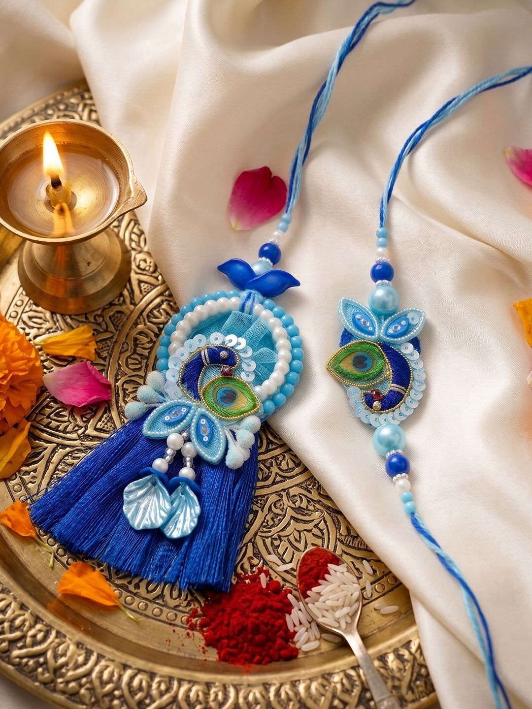 Dhiyona Set Of 2 Peacock Design Bhaiya Bhabhi Rakhi With Roli Chawal Chandan Mishri