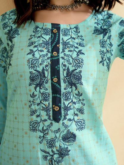 Dhiyona AN Sea Green Floral Printed Pure Cotton Straight Kurta With Sharara