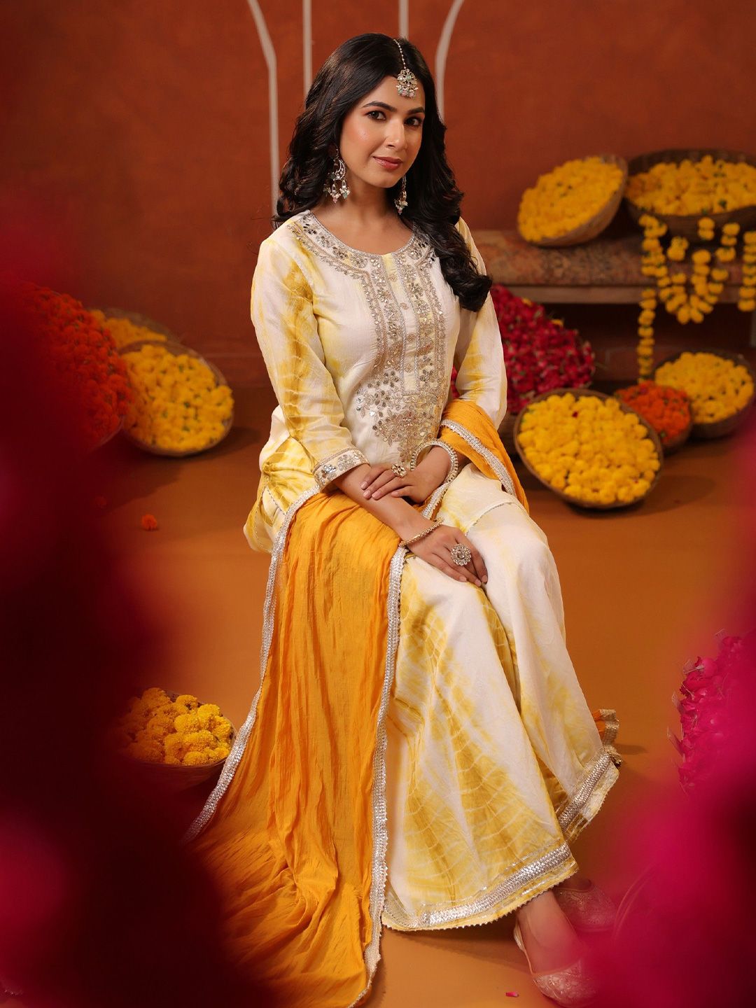 Dhiyona SC Women Bandhani Embroidered Thread Work Chanderi Silk Kurta & Sharara With Dupatta