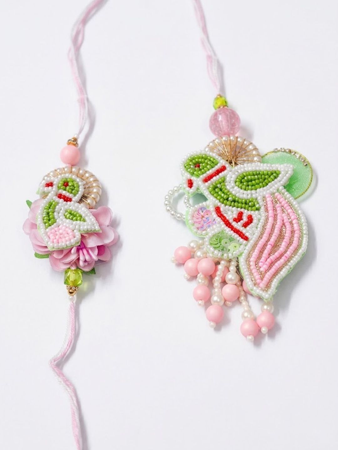 Dhiyona Set Of 2 Leaf Design Pearls & Artificial Stones Bhaiya Bhabhi Rakhi With Roli Chawal