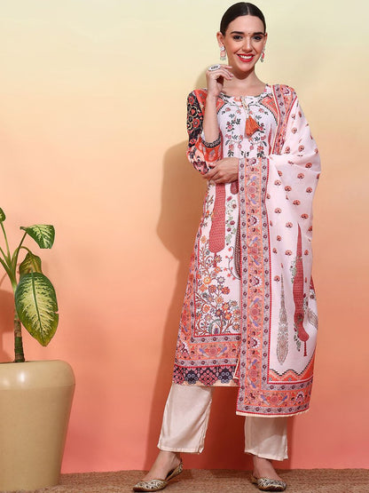 Dhiyona IS Women's Ethnic Motifs Printed Tie-Up Neck Straight Kurta With Trousers & Dupatta
