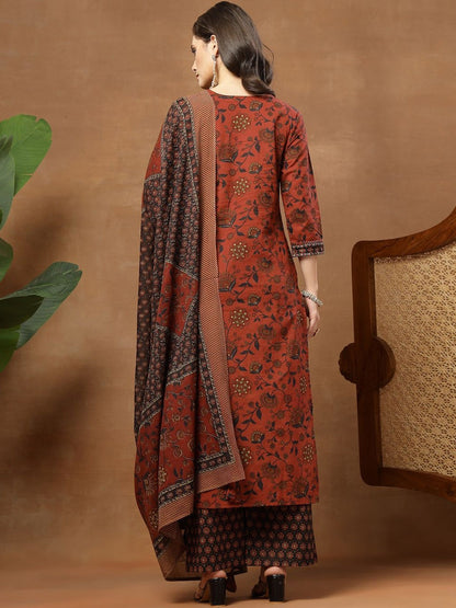 Printed Pure Cotton Round Neck Kurta & Palazzos With Dupatta