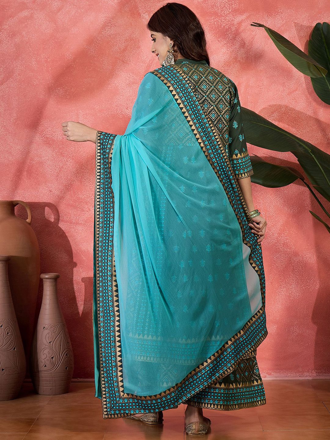 Dhiyona SN Embroidered & Block Printed Anarkali Kurta & Palazzo With Dupatta