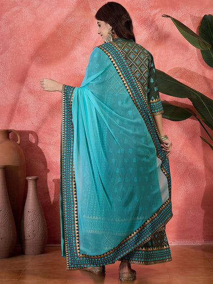 Dhiyona SN Embroidered & Block Printed Anarkali Kurta & Palazzo With Dupatta