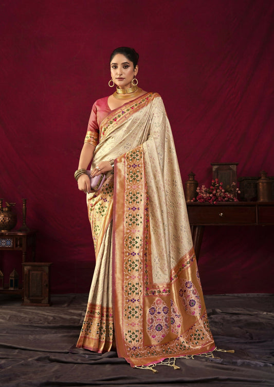 Women Paithani Bansi Cream Saree With Unstiched Blouse