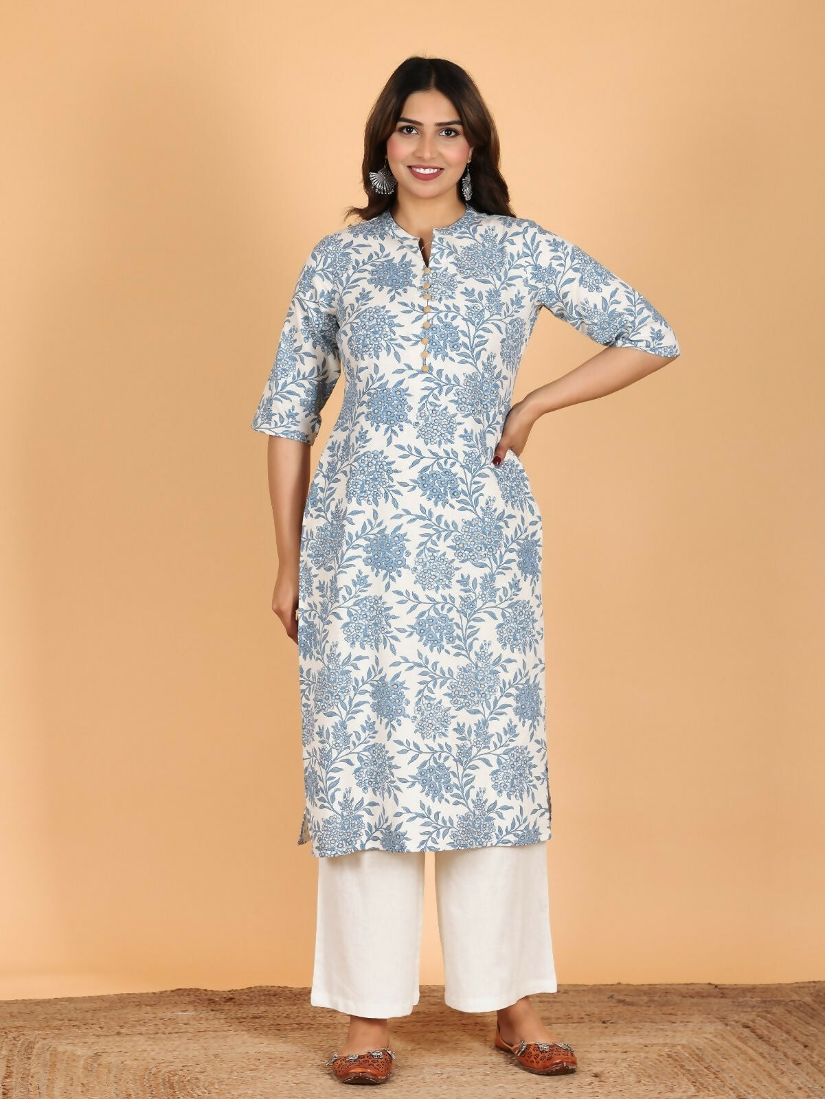Women's Blue Linen Cotton Floral Straight Kurta for Women