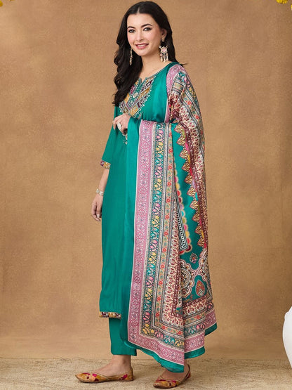 Embroidered Kurta Trousers Printed Dupatta Set