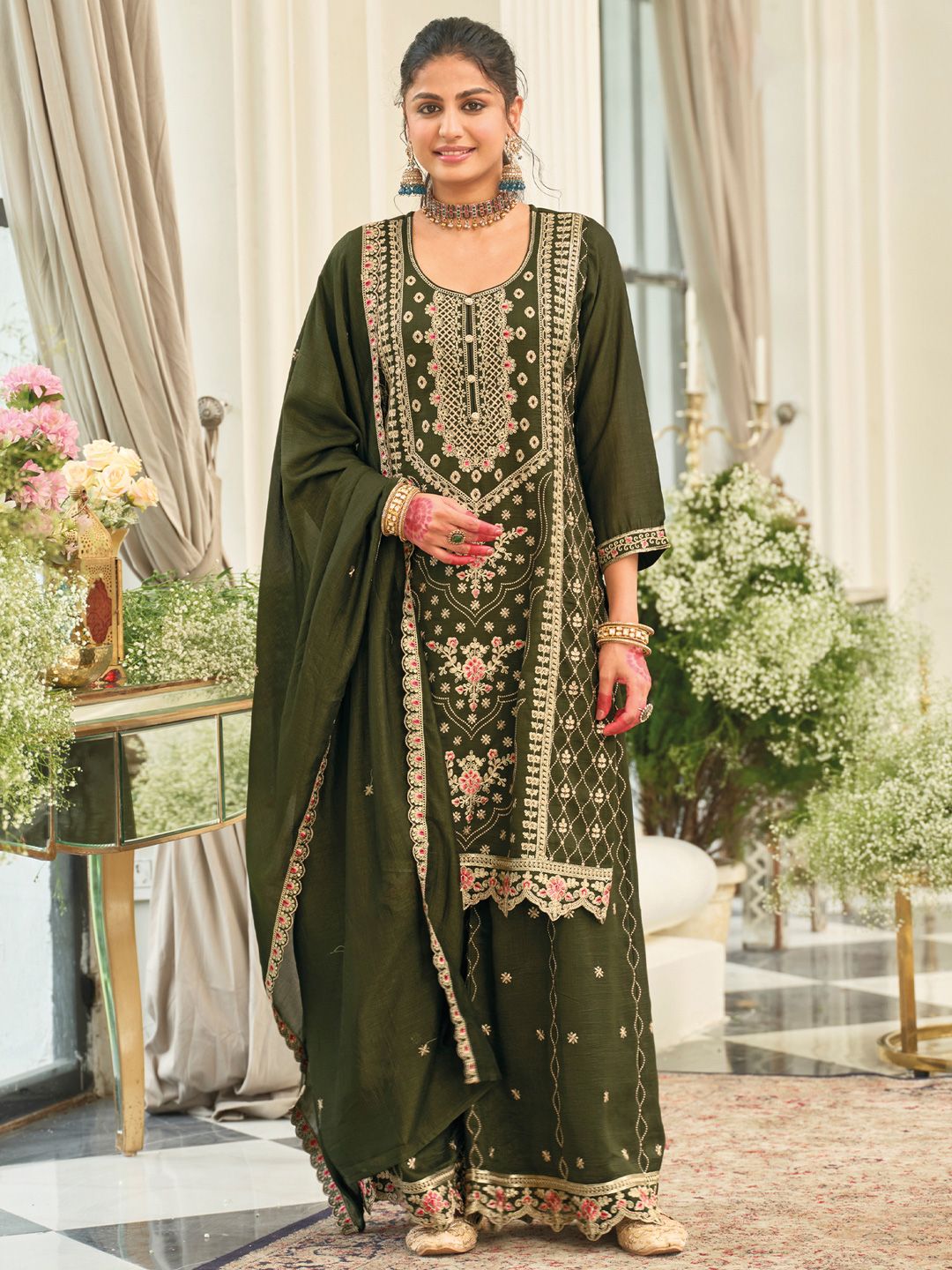 Dhiyona IE Women Ethnic Motifs Embroidered Kurta with Palazzo & Dupatta