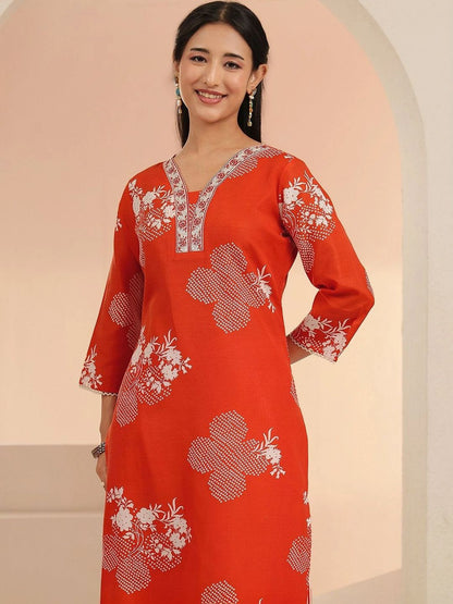 Orange Bandhani Printed Cotton Blend Straight Suit Set