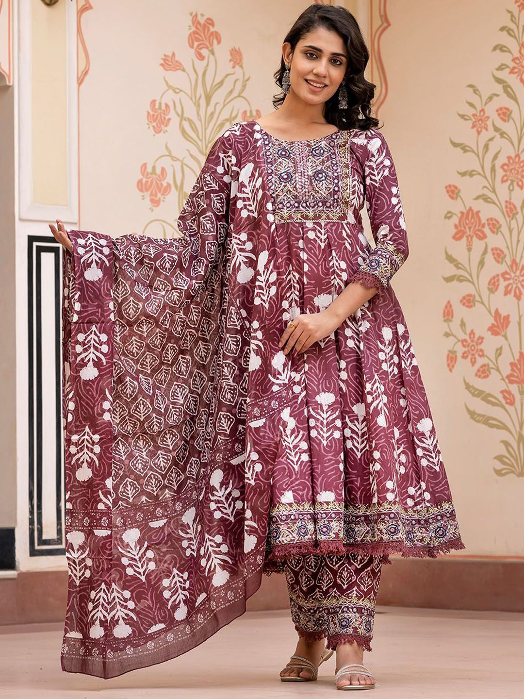 Dhiyona KL Floral Printed Mirror Work Pure Cotton Anarkali Kurta With Trouser & Dupatta