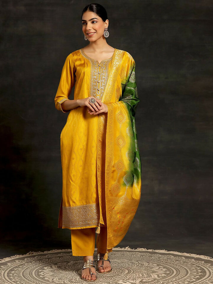 Women's LB Mustard Woven Design Silk Blend Straight Suit With Dupatta