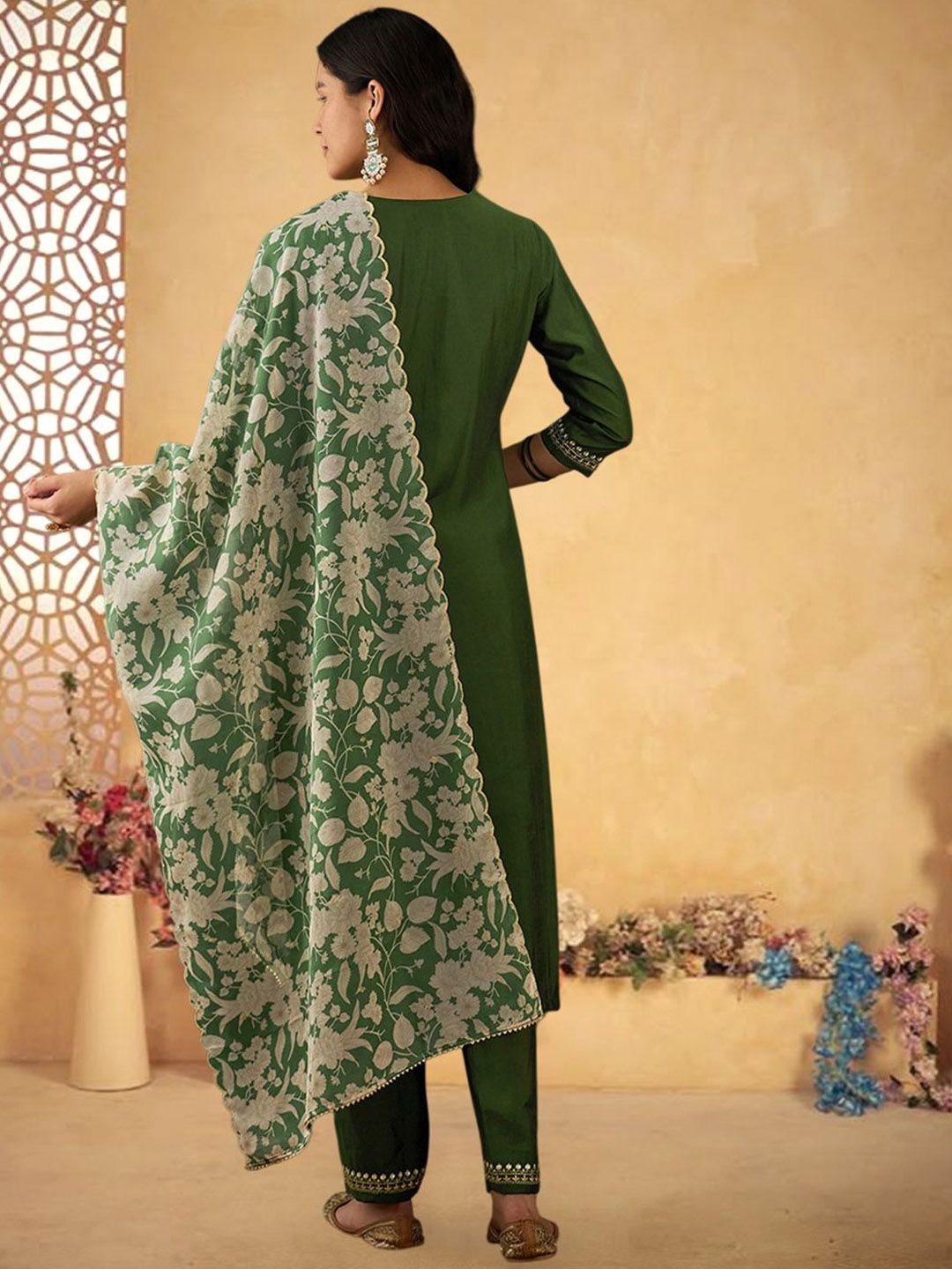 Dhiyona SN Women's Floral Yoke Design V-Neck Mirror Work Straight Kurta With Trouser & Dupatta