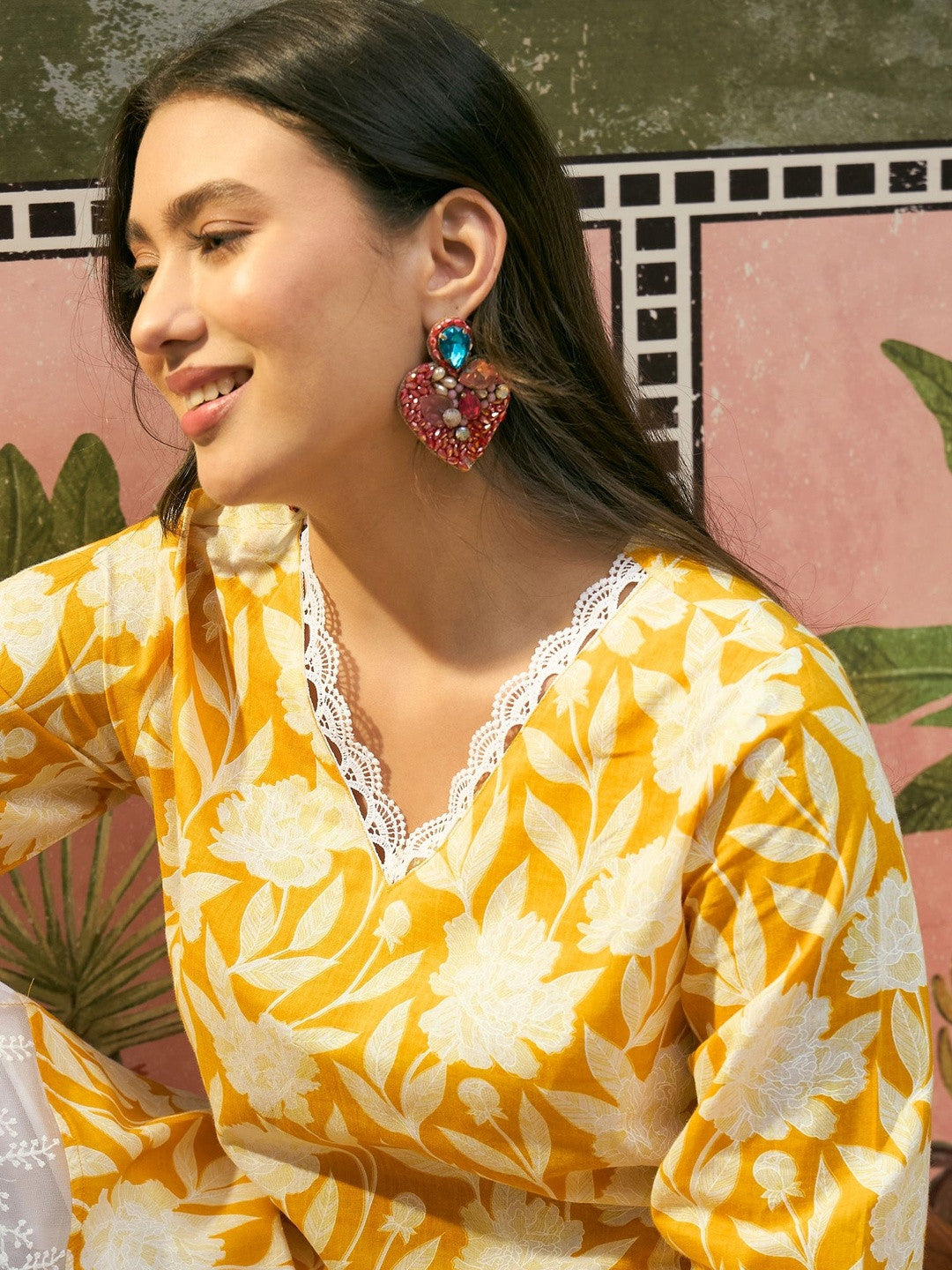 Printed Pure Cotton V-Neck Kurti & Salwar