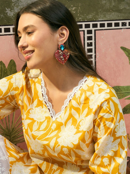 Printed Pure Cotton V-Neck Kurti & Salwar