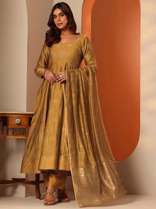 Womens Mustard Woven Design Anarkali Kurta With Palazzos & Dupatta