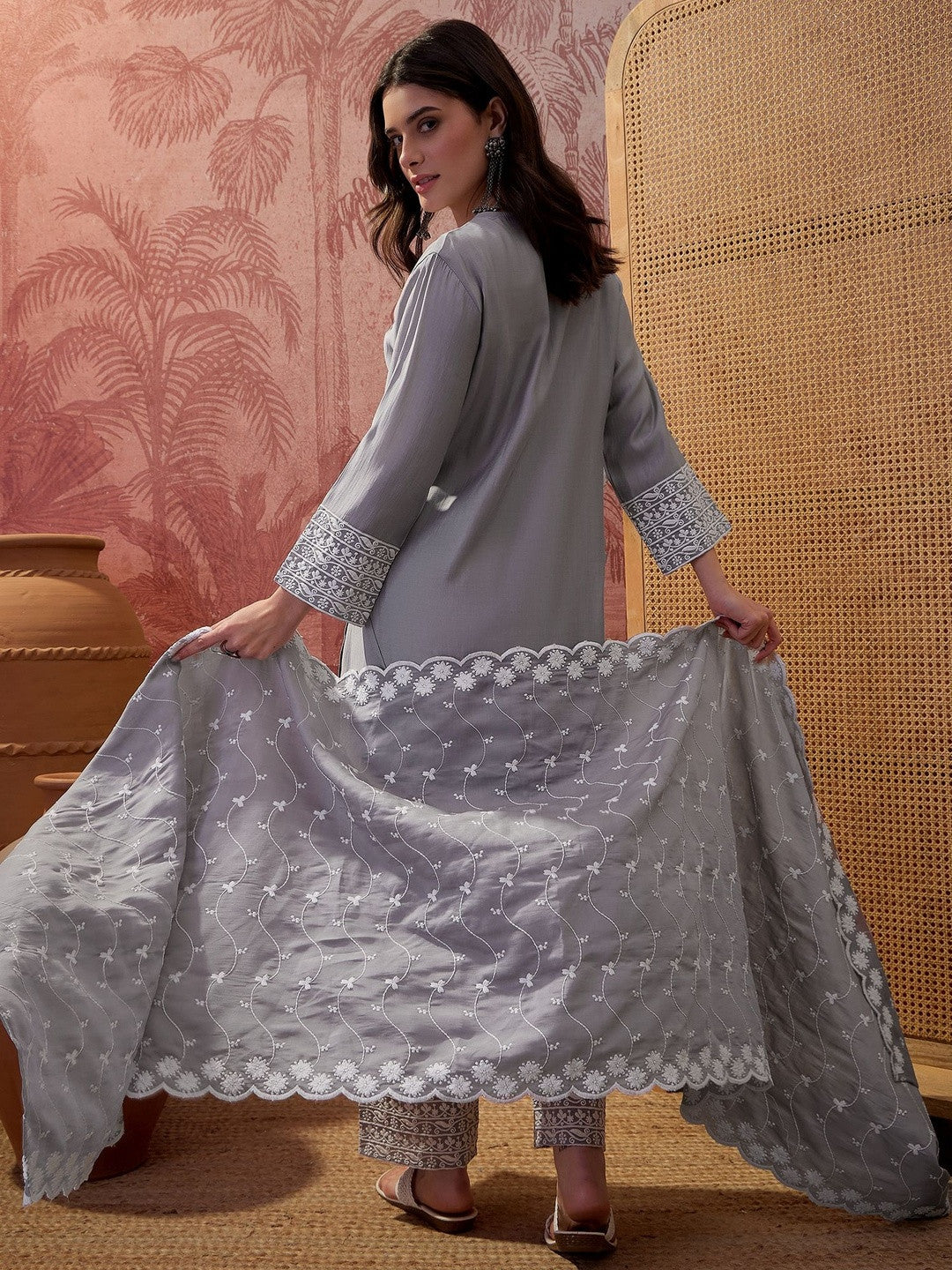 Embroidered Round-Neck Kurta Trousers & Dupatta