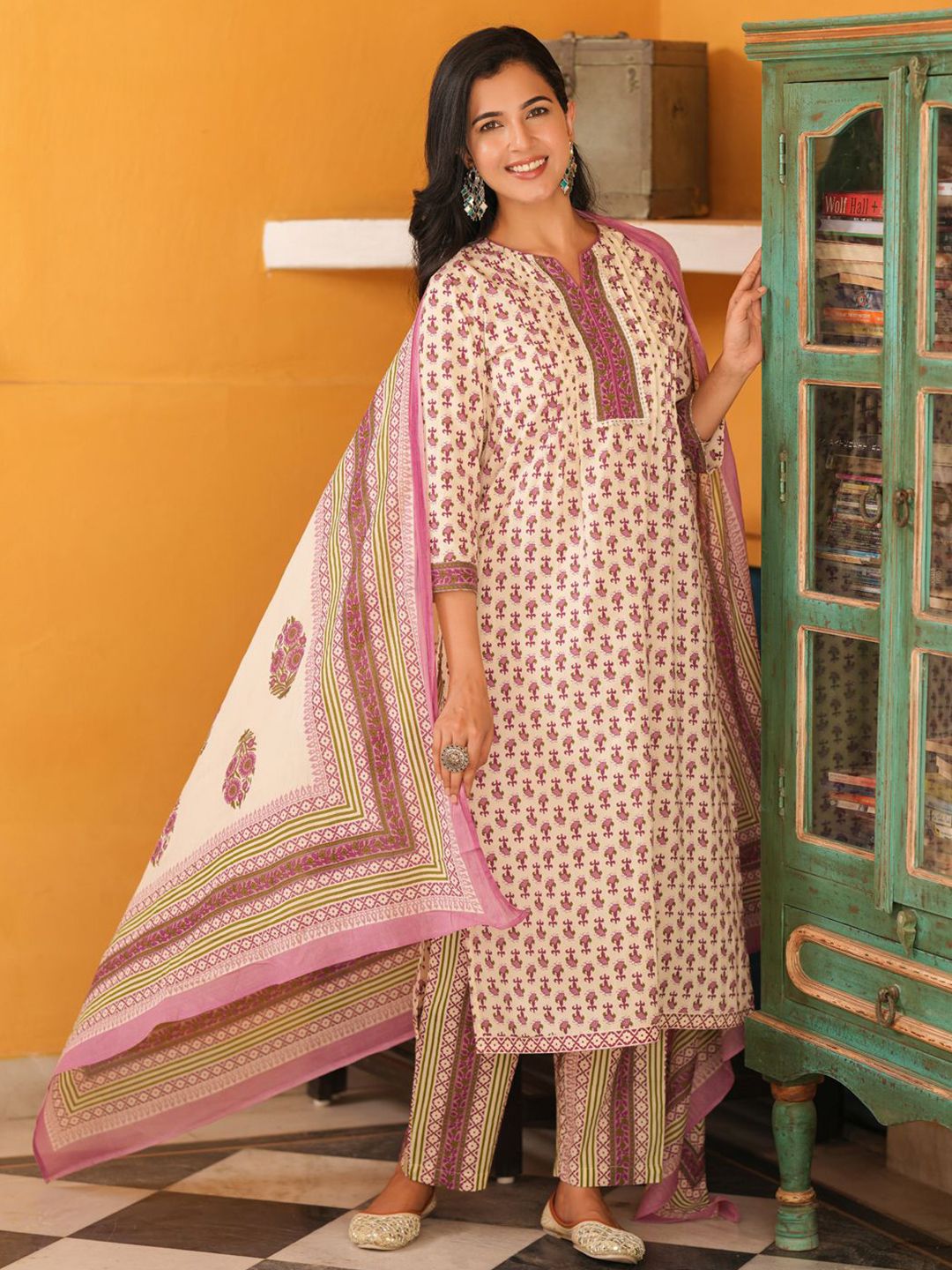 Dhiyona RR Women's Ethnic Motifs Printed Pure Cotton Kurta with Trousers & Dupatta